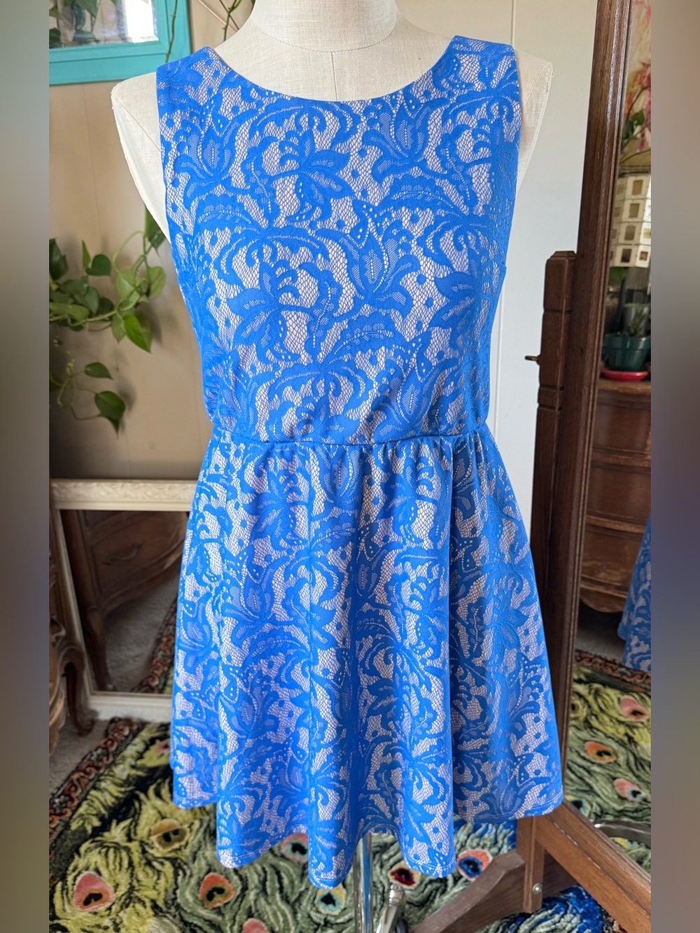 HeartSoul Blue Lace Fit-and-Flare Mini Dress, size Large (juniors)